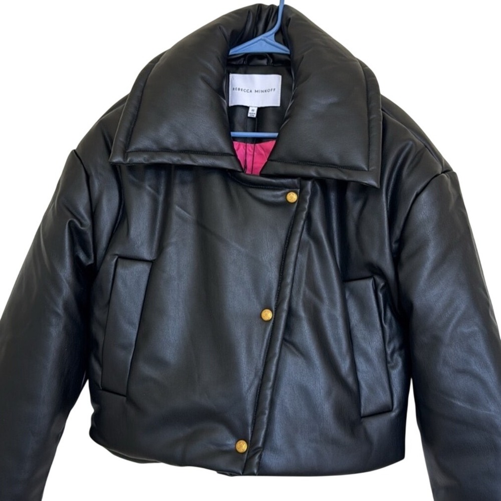 Rebecca Minkoff Black Faux Leather Cropped Puffer Jacket Gold Crest Buttons M